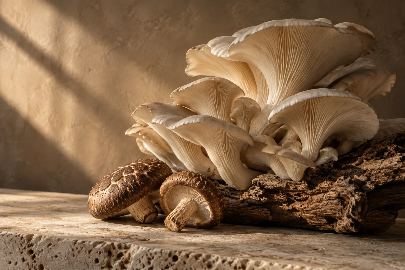 Sculptural oyster and shiitake mushrooms in a warm, softly lit studio still life