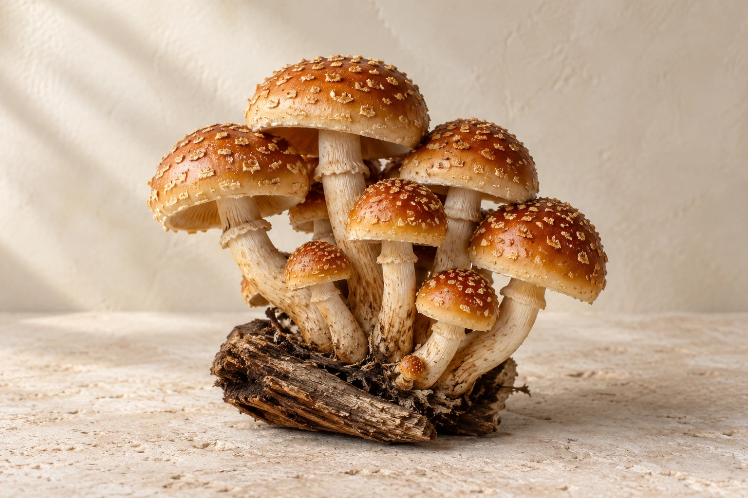 A golden Chestnut mushroom cluster with textured caps and slender stems