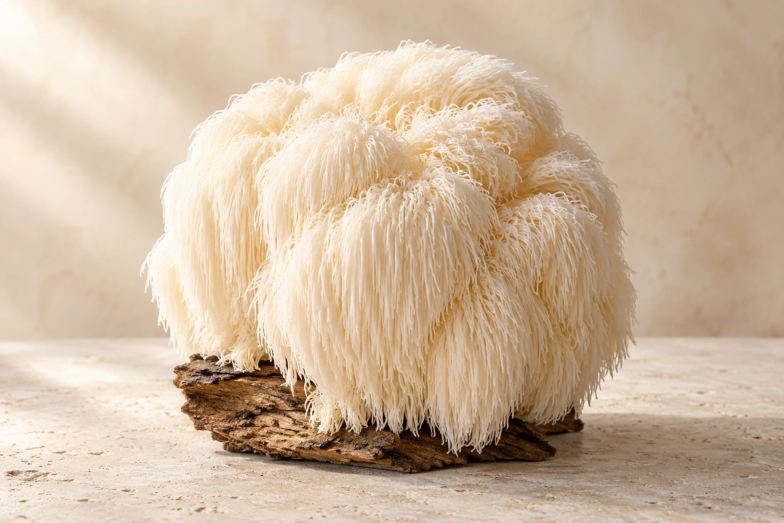 Ivory Lion’s Mane with cascading delicate spines on a small piece of wood