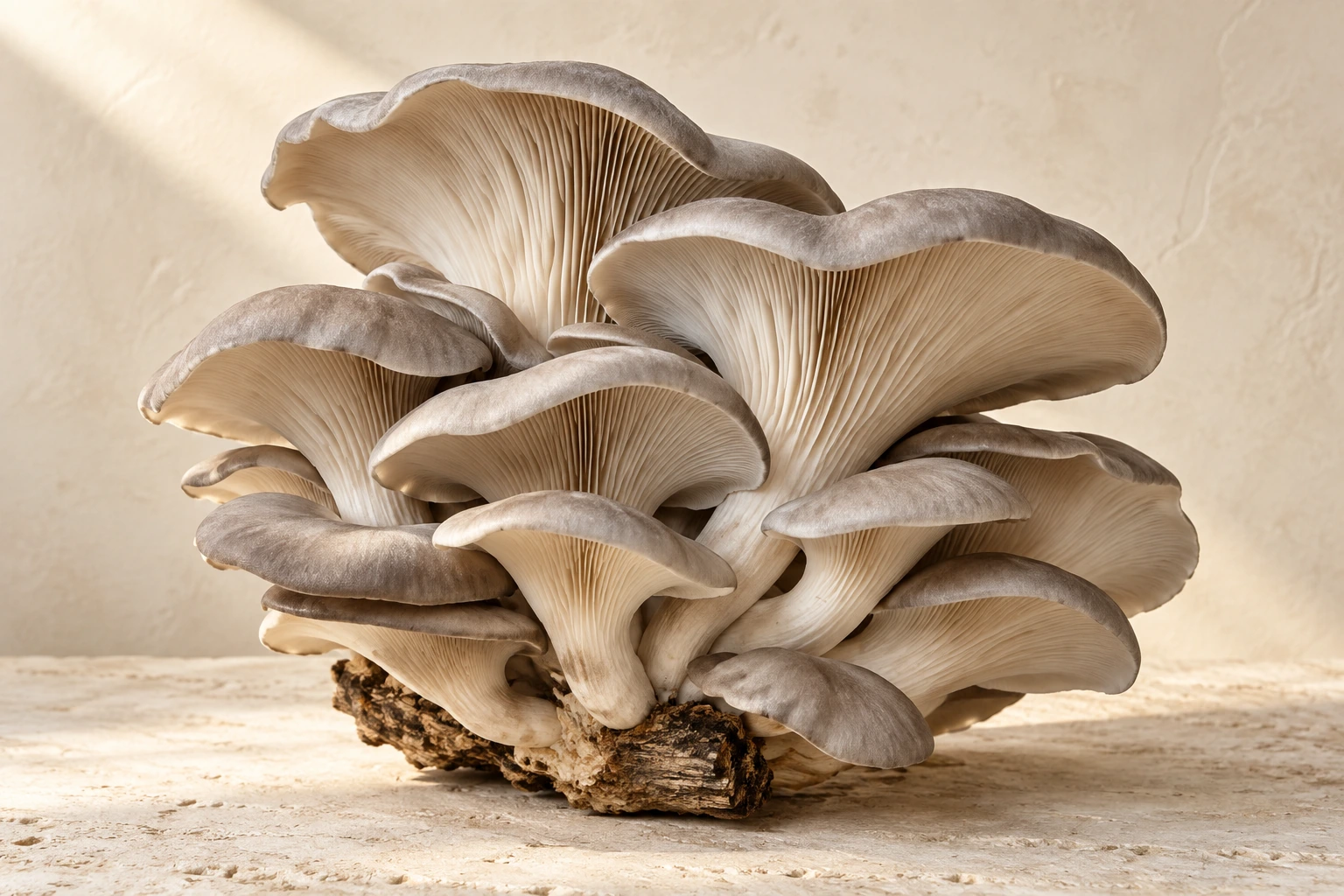 A pearl-grey Oyster cluster showing fan-shaped caps and creamy gills