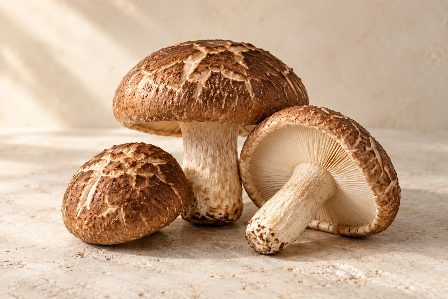 Brown Shiitake caps and ivory gills on a softly lit stone surface